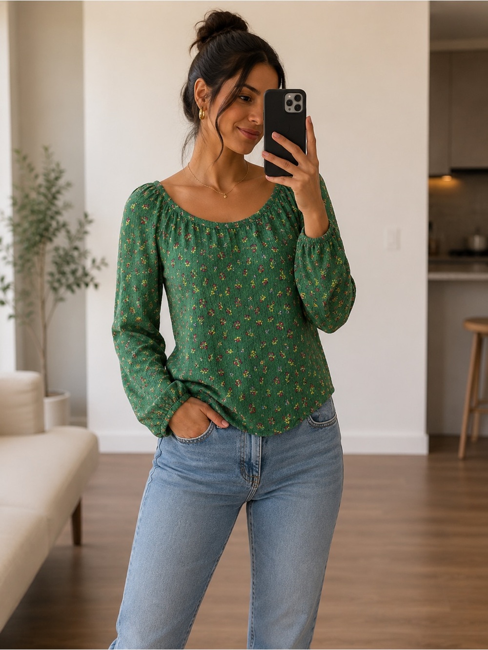 LOFT Green Floral Cherry Print Textured Popover Blouse Top XS Preppy